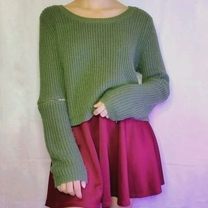 Cute Green Knitted Sweater With Elbow Zippers